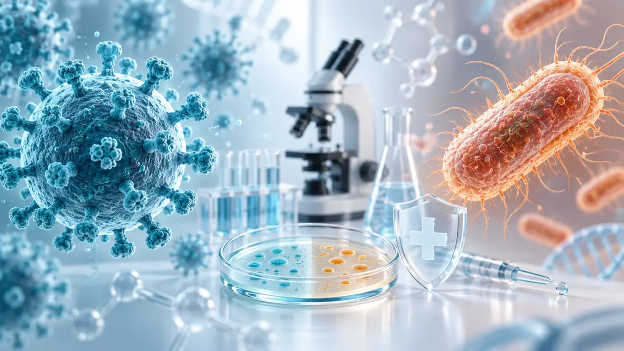 Illustration abstraite évoquant la différence entre virus et bactéries