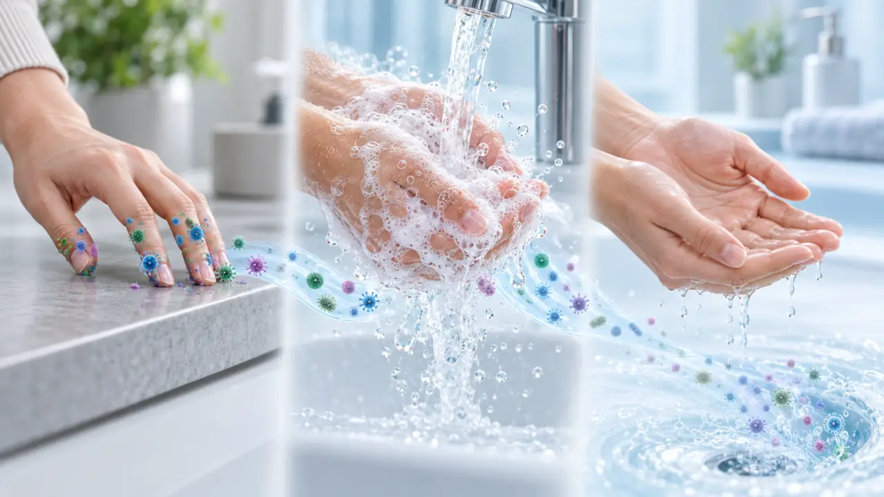 Illustration scientifique du trajet des microbes avant et après le lavage des mains