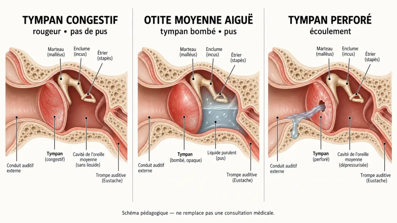 Schéma de l’otite moyenne aiguë chez le jeune enfant : tympan congestif, purulent et perforé