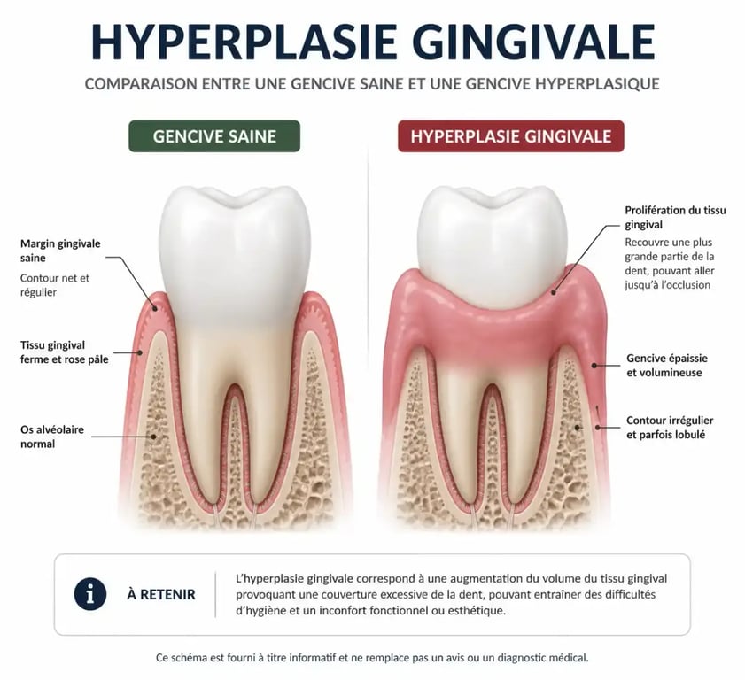 Schéma explicatif de la gingivite hyperplasique montrant la prolifération du tissu gingival