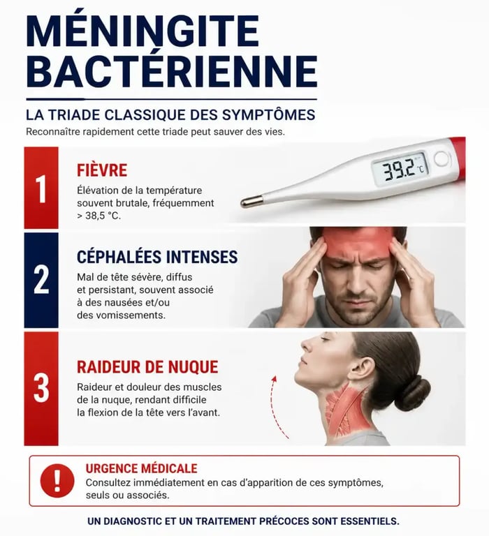 Symptômes de la méningite bactérienne chez l'adulte : fièvre, maux de tête et raideur de nuque