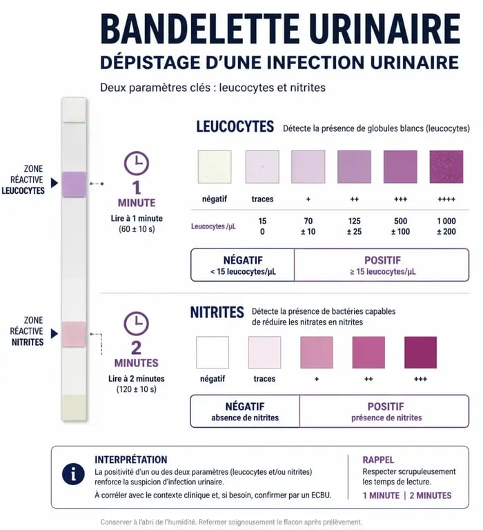 Charte colorimétrique d'une bandelette urinaire infection avec zones leucocytes et nitrites
