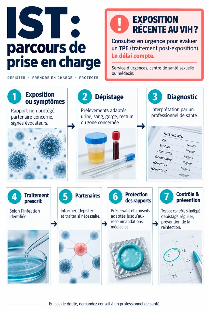 Parcours du traitement d’une infection sexuellement transmissible, du dépistage au suivi et à la prévention