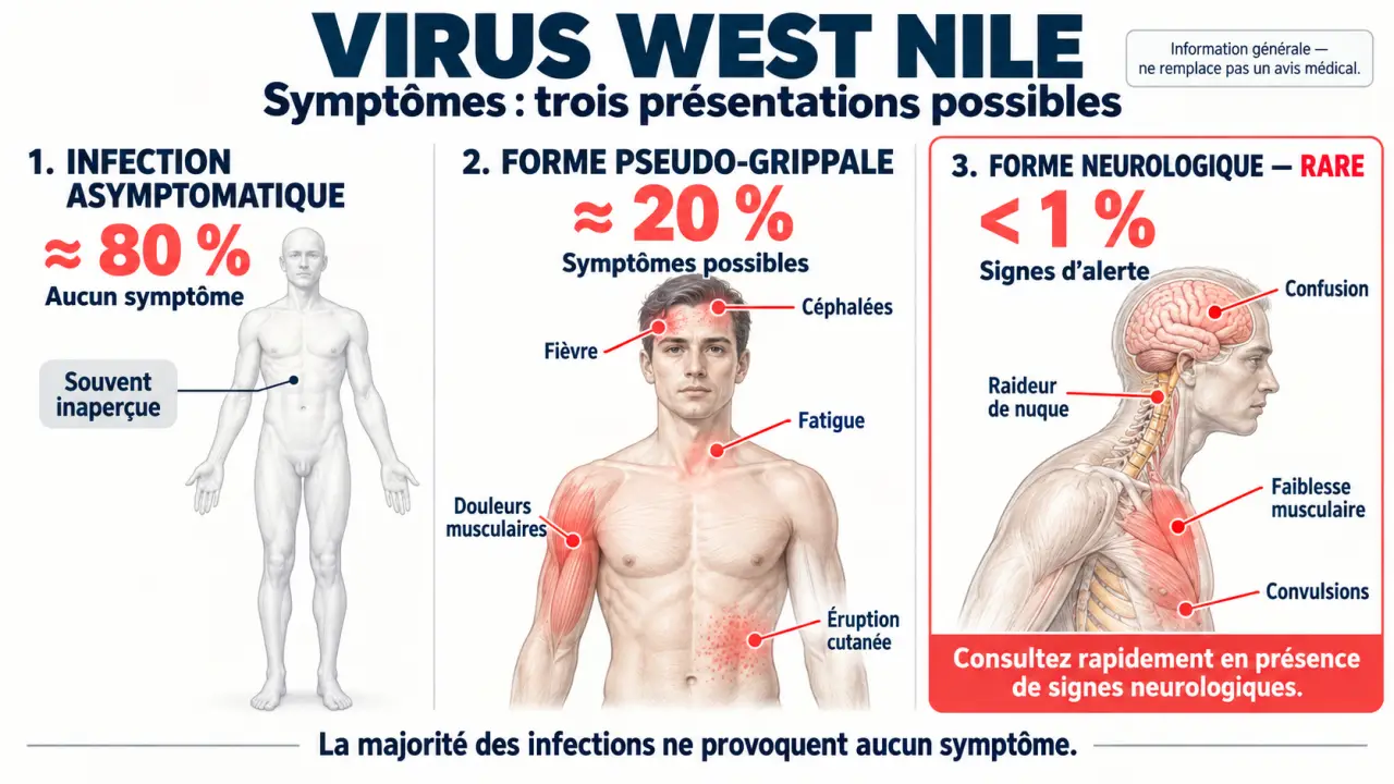 Infographie des symptômes du virus West Nile selon les formes asymptomatique, pseudo-grippale et neurologique