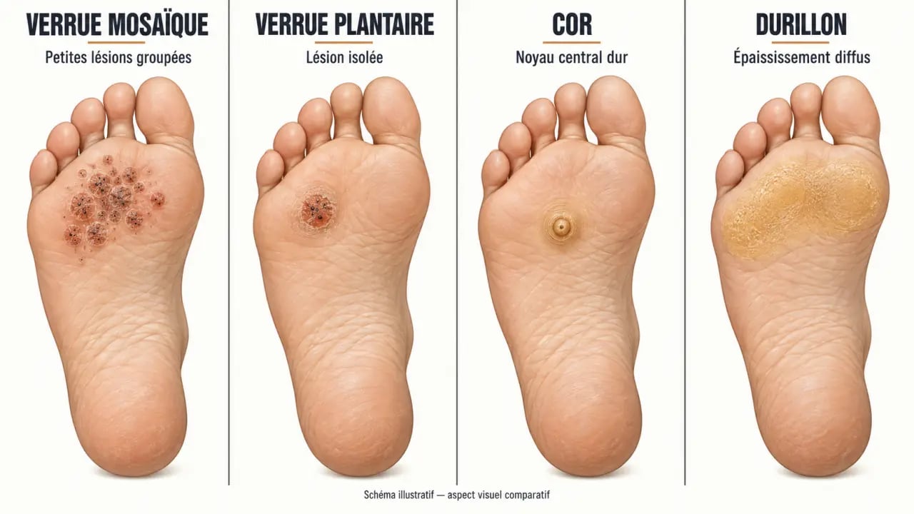 Infographie comparative entre verrue mosaique, verrue plantaire, cor et durillon