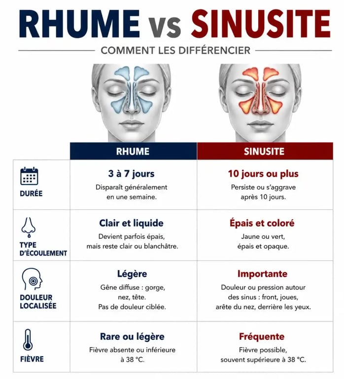 Tableau comparatif des symptômes pour distinguer rhume ou sinusite