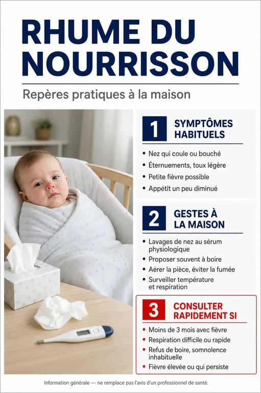 Rhume et nourrisson : visuel éditorial sur les symptômes, les gestes à faire et les signes d’alerte