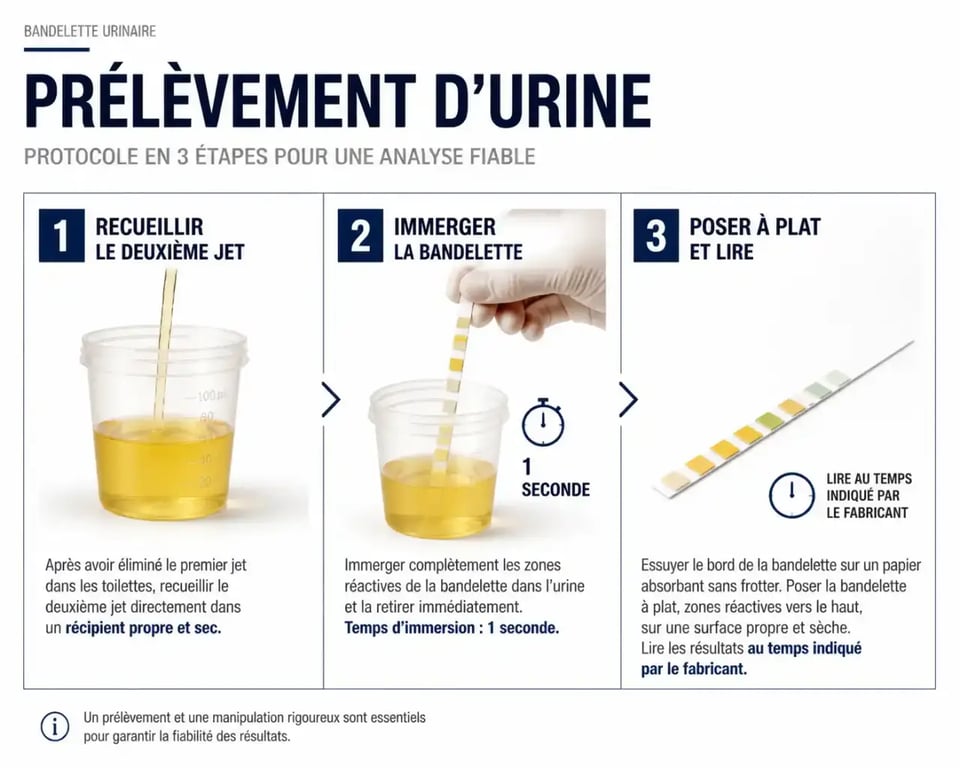 Étapes du protocole de prélèvement pour bandelette urinaire infection