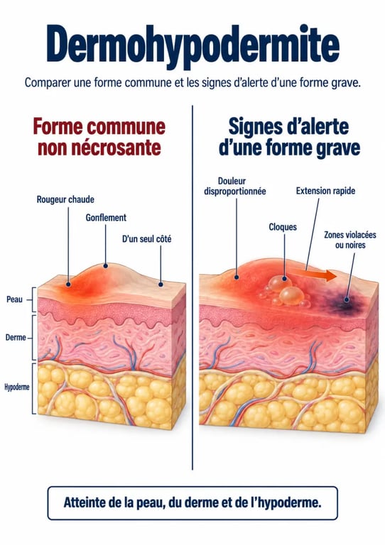 Schéma médical expliquant la dermohypodermite commune et ses signes de gravité