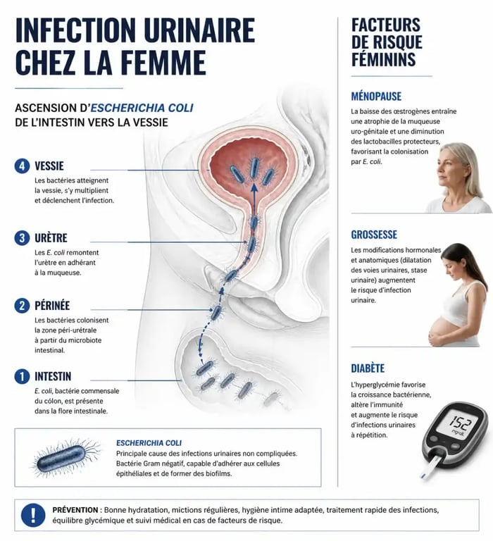 Cystite cause : schéma médical de la voie ascendante des bactéries vers la vessie et des principaux facteurs de risque