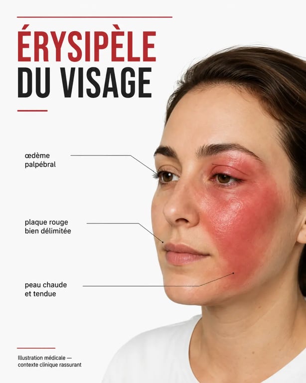 Érysipèle visage sur la joue et la paupière, illustration médicale