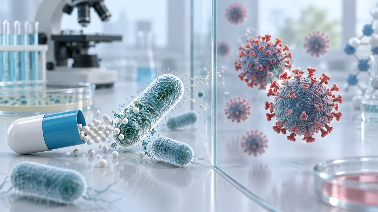 Représentation scientifique abstraite d'une particule virale et d'une bactérie