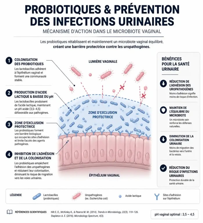 Schéma explicatif du rôle des probiotiques pour infection urinaire et protection du microbiote