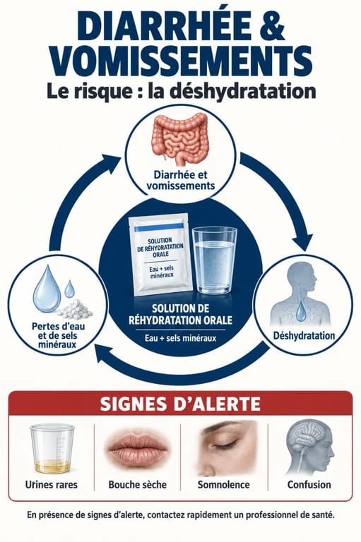 Infographie sur le traitement d'une infection intestinale et les signes de déshydratation