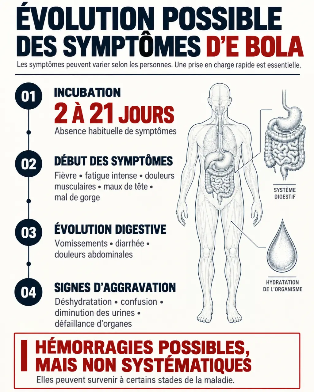 Infographie sur les virus Ebola symptômes, leur ordre d’apparition et les signes d’aggravation