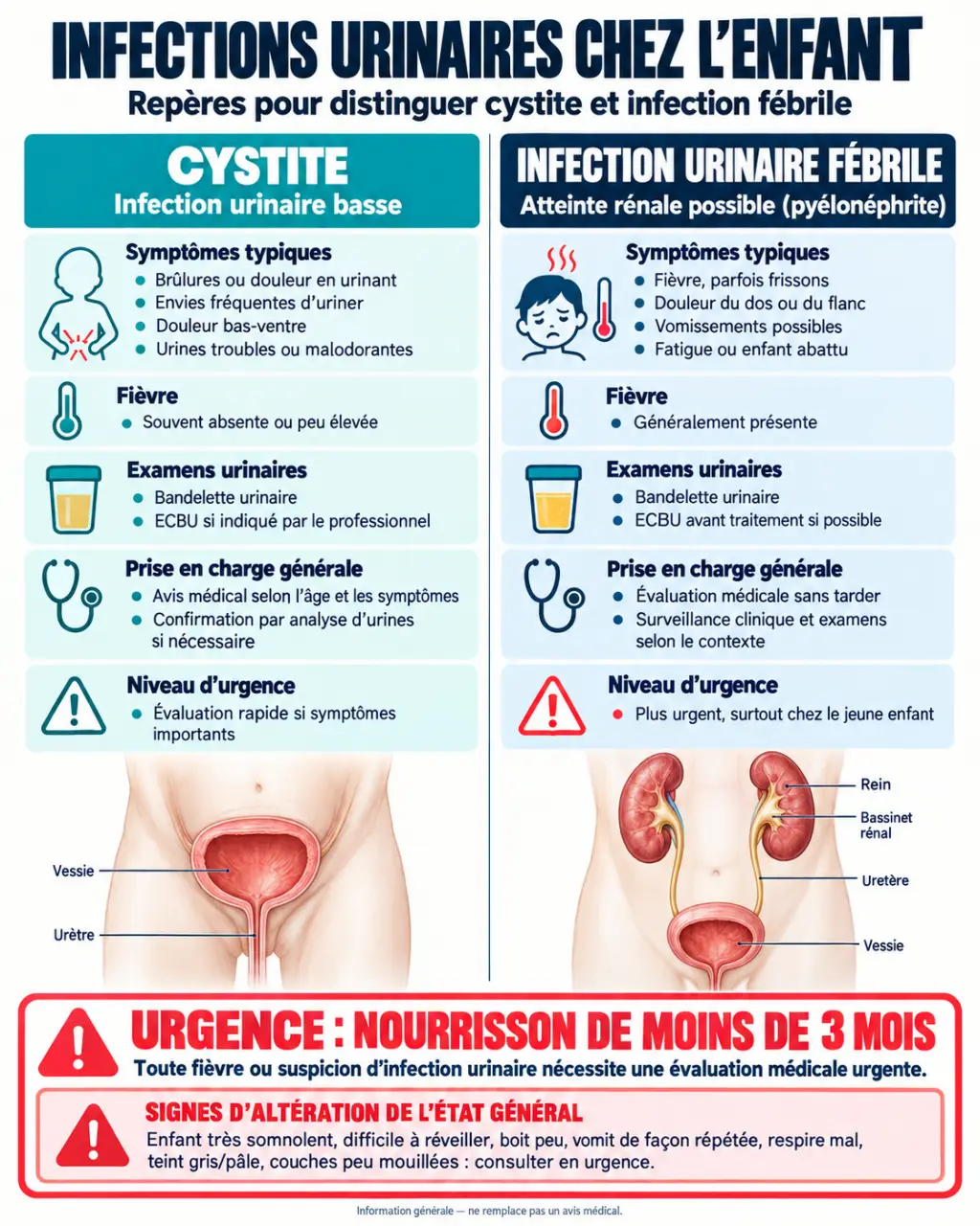 Infographie sur le traitement d’une infection urinaire chez l’enfant : différence entre cystite et infection urinaire fébrile