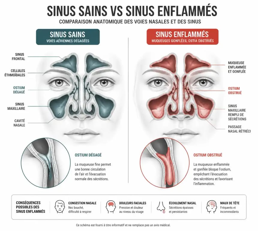 Schéma anatomique comparatif entre sinus sains et sinusite pour mieux comprendre la différence entre rhume et sinusite