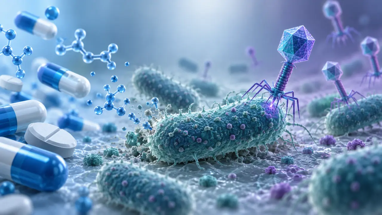 Représentation abstraite d'une bactérie et de phages dans un environnement scientifique