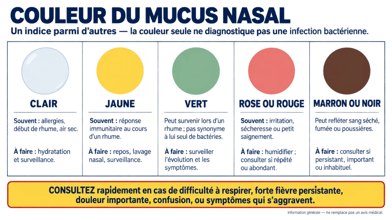 Infographie sur la morve jaune et les différentes couleurs du mucus nasal