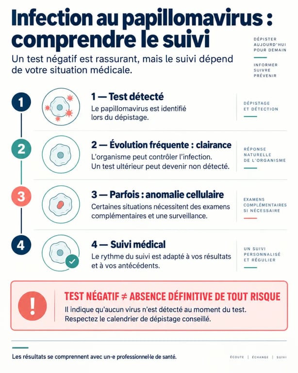 J'ai guéri du papillomavirus : infographie sur la clairance virale, le test HPV négatif et le suivi médical