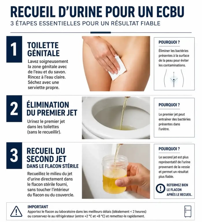 Schéma des étapes pour un recueil d'urine ECBU sans flore polymorphe