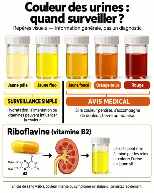 Urine jaune fluo danger : échelle des couleurs et causes possibles avec rôle de la vitamine B2
