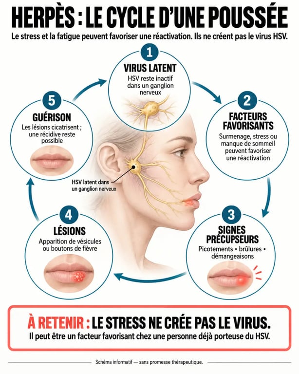 Infographie sur le lien entre herpès, fatigue, stress et réactivation du virus