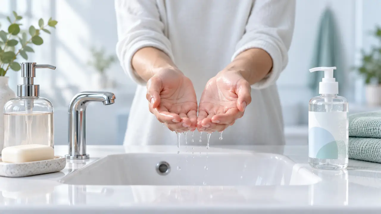 Flacon de gel hydroalcoolique et savon près d'un lavabo, dans une ambiance médicale épurée