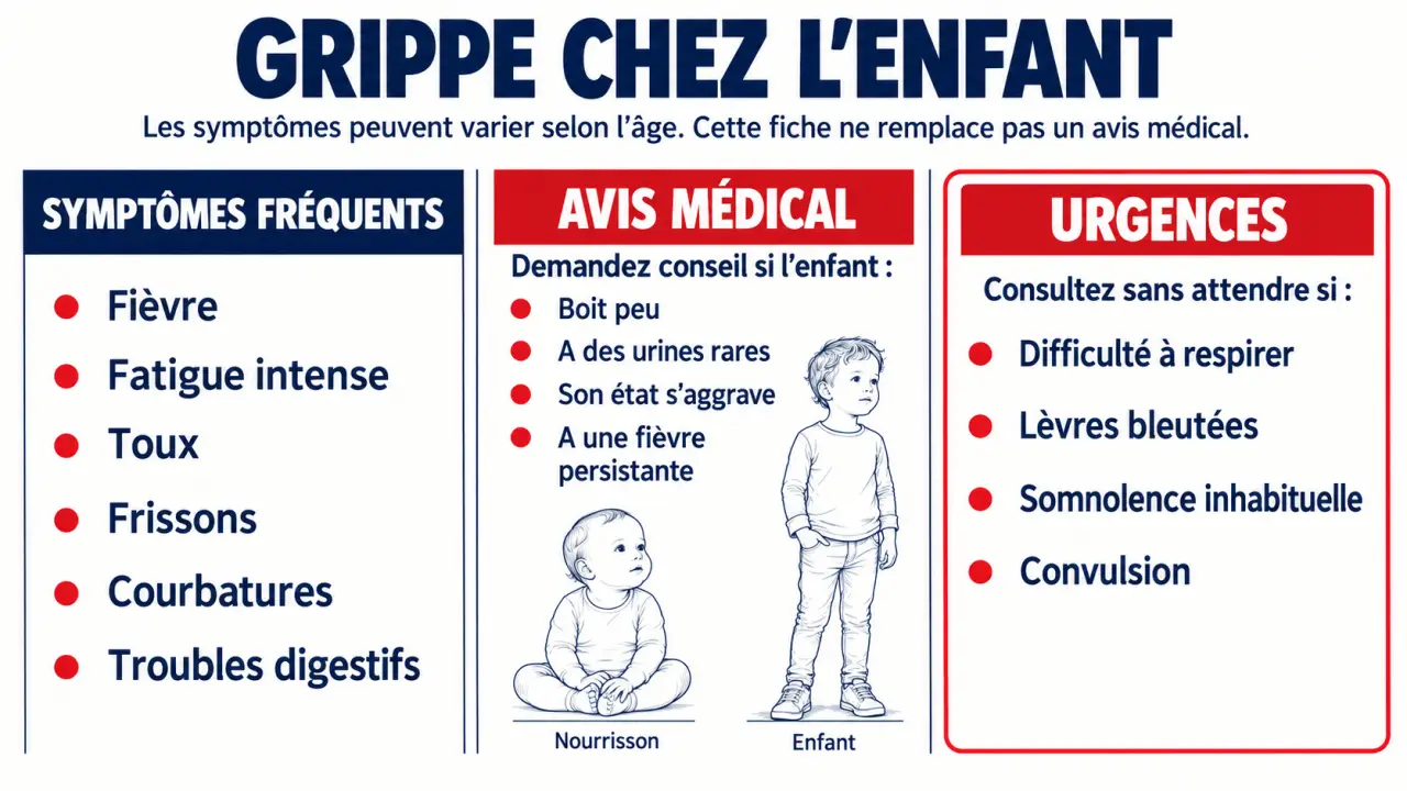 Infographie sur les symptômes grippe enfant et les signes d’alerte selon l’âge