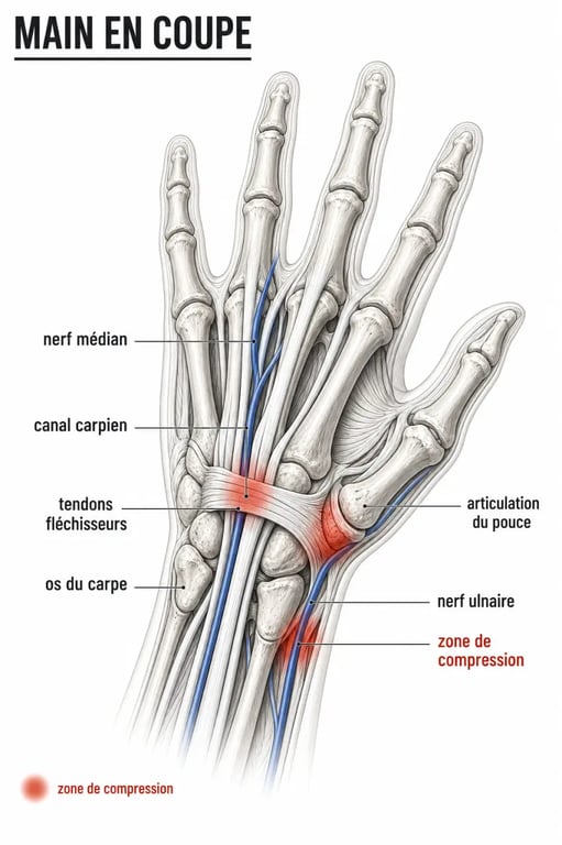 La maladie de la main illustrée par un schéma anatomique de la main et du poignet montrant os, tendons, nerfs et zones de compression