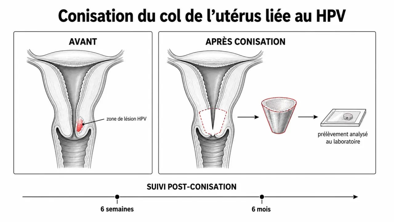 Schéma de papillomavirus operation montrant la conisation du col de l’utérus et le suivi après l’intervention.