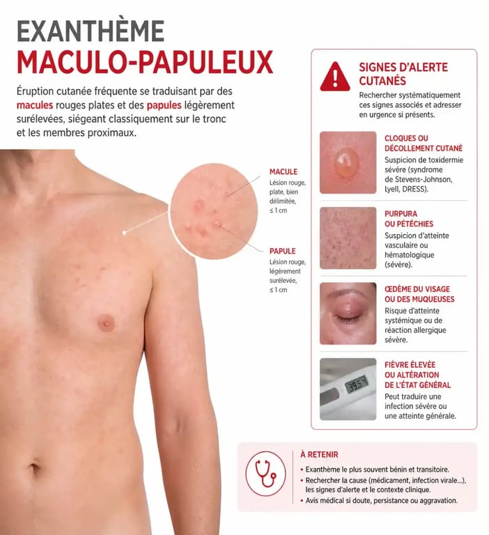 Exanthème maculo-papuleux sur le tronc et les membres dans une illustration médicale