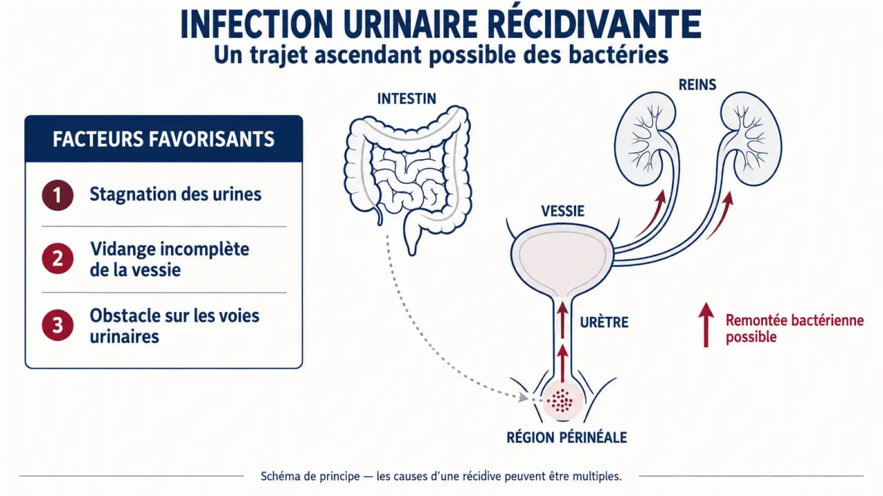 Schéma explicatif d'une infection urinaire qui revient après traitement, de l'intestin vers la vessie et les reins