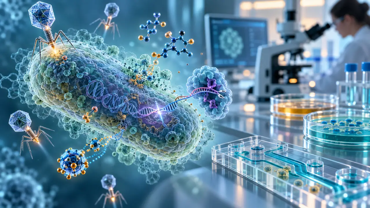 Illustration abstraite de bactéries et de molécules thérapeutiques en laboratoire