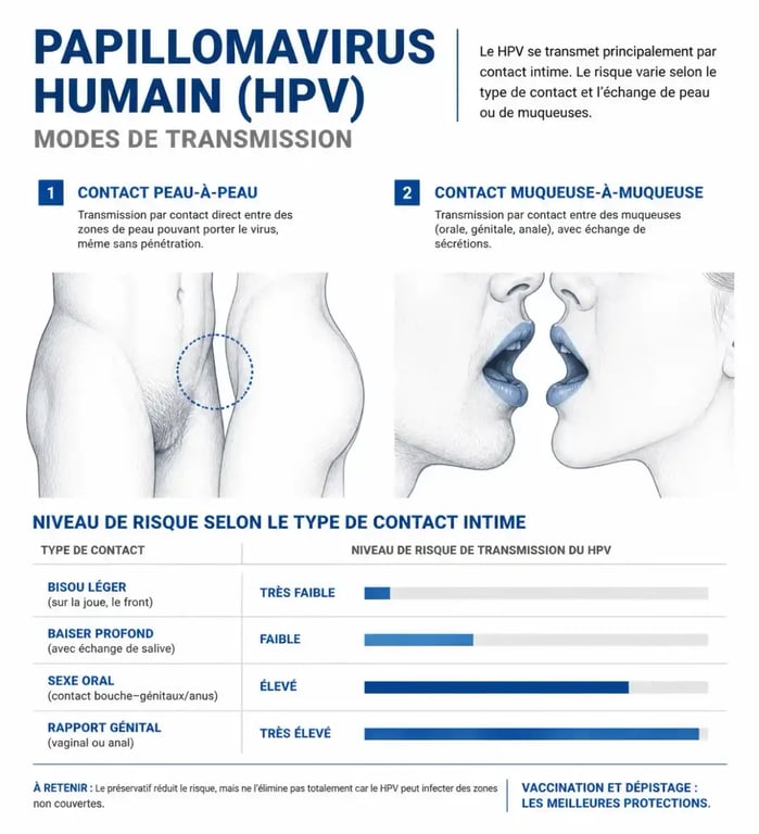 Infographie sur la transmission du papillomavirus en embrassant sur la bouche selon le type de contact