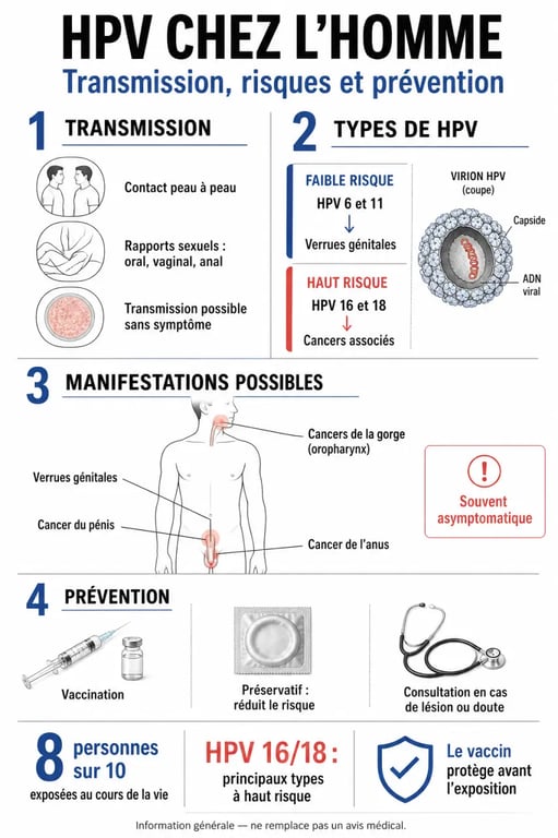 Infographie sur le human papillomavirus homme : transmission, symptômes, cancers associés et prévention