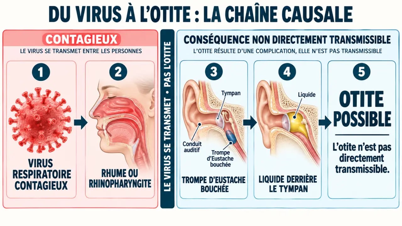 Schéma expliquant si est ce que l'otite est contagieuse et le rôle du virus respiratoire