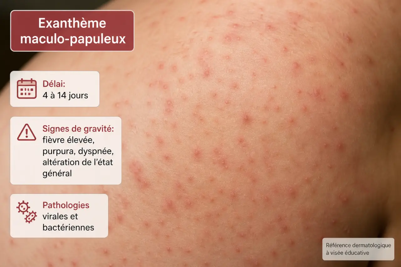Exanthème maculo-papuleux : reconnaître le rash, le délai de 4 à 14 jours et les signes de gravité