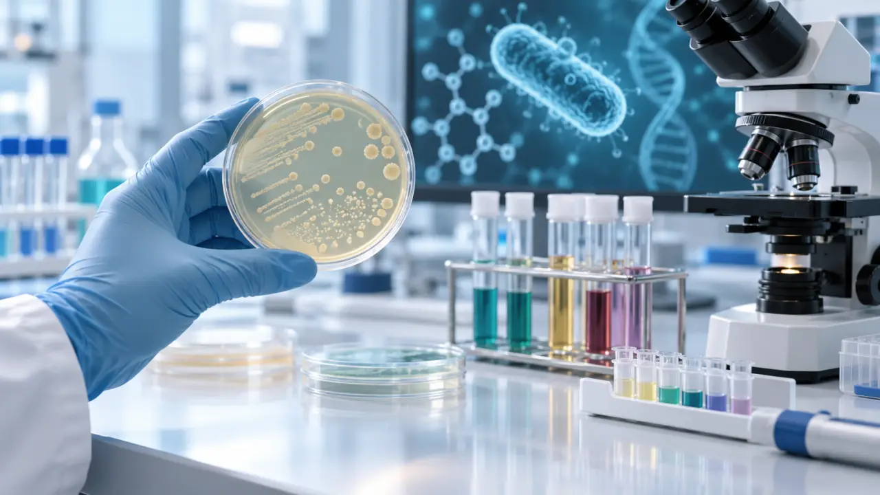 Structure cellulaire abstraite évoquant l'identification microbiologique en laboratoire
