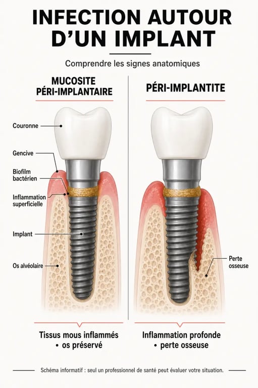 Infographie sur l’infection d’un implant dentaire et la perte osseuse autour de l’implant