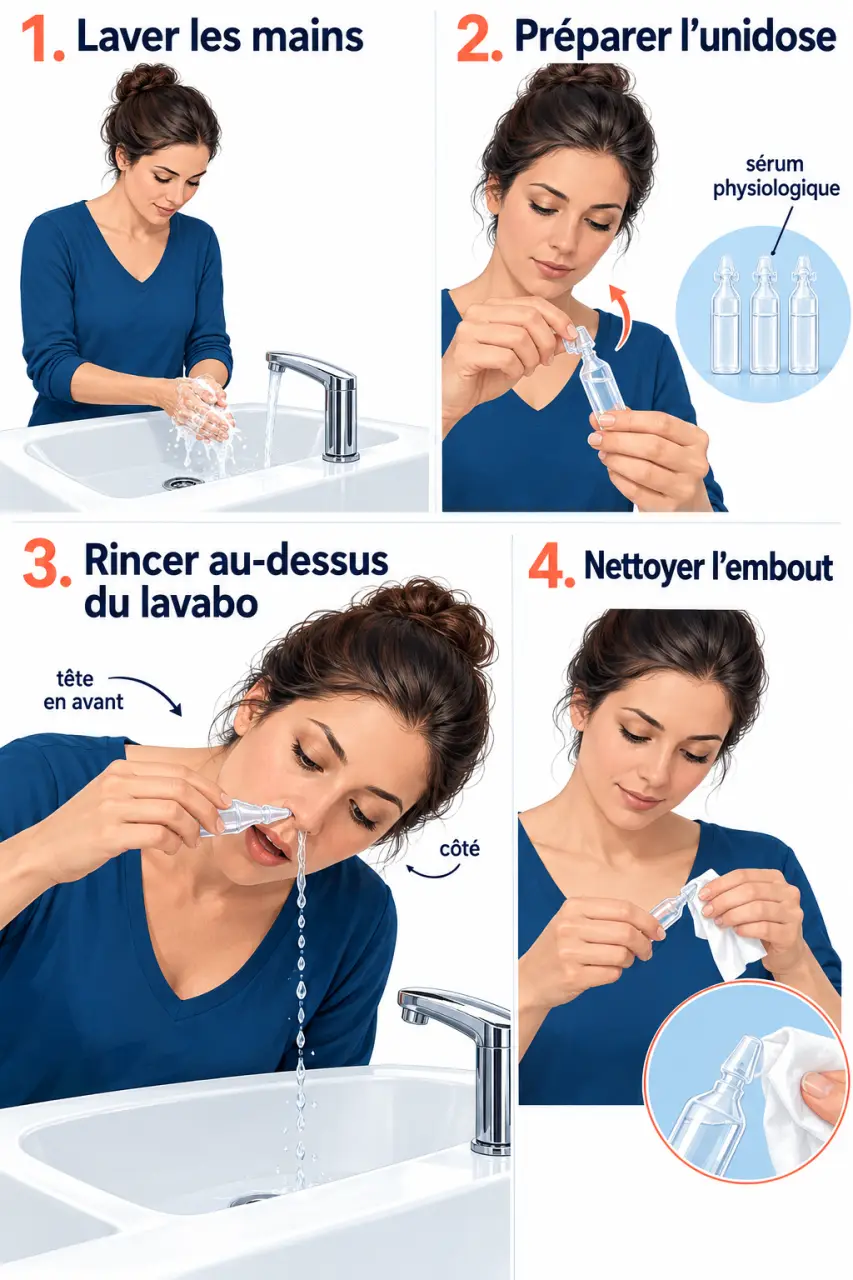Illustration de lavage nasal pour soigner un rhume avec du sérum physiologique