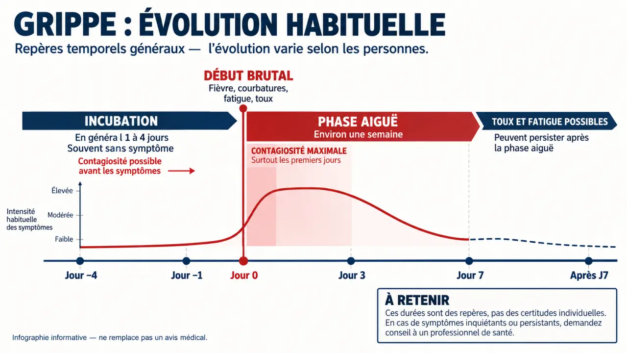 Infographie grippe symptômes combien de temps : incubation, phase aiguë, contagiosité et récupération