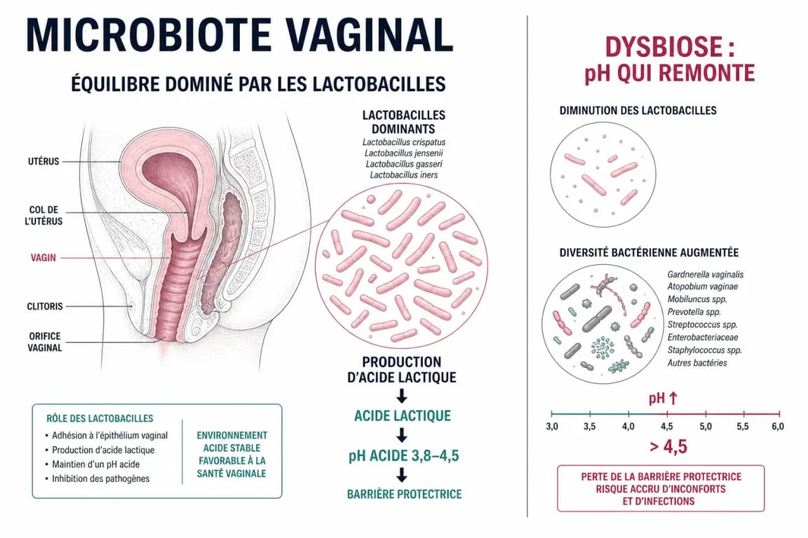Schéma du déséquilibre flore vaginale montrant les lactobacilles, le pH et la dysbiose