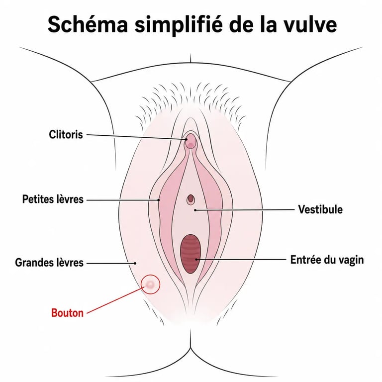 Bouton levres vulve : schéma anatomique simplifié des grandes lèvres, petites lèvres et de l’entrée du vagin