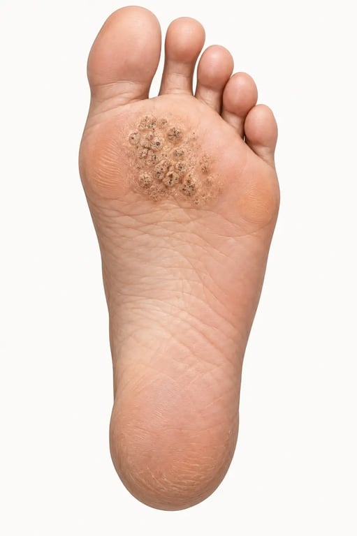 Illustration médicale d’une verrue mosaique regroupée en plaque sur la plante du pied