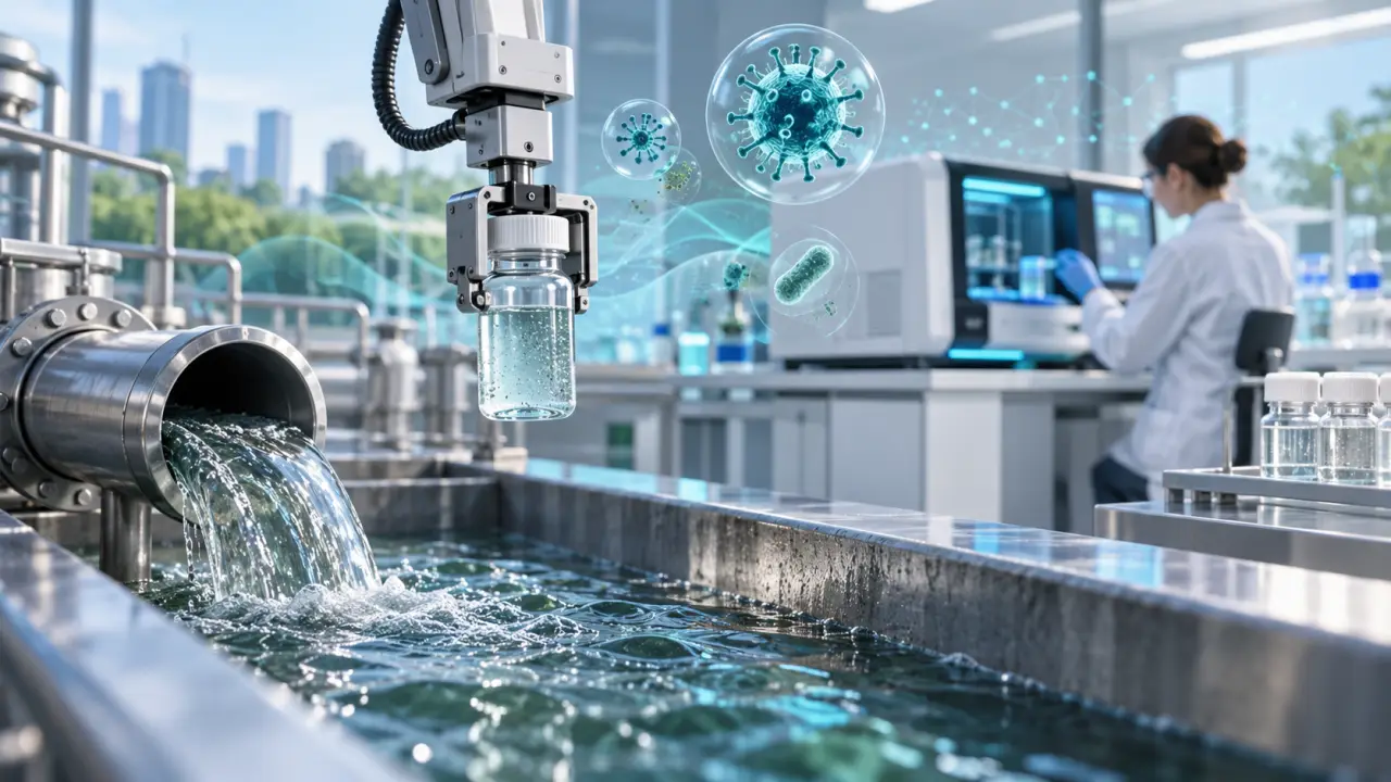 Illustration scientifique abstraite évoquant l'analyse des eaux usées et la surveillance des agents infectieux