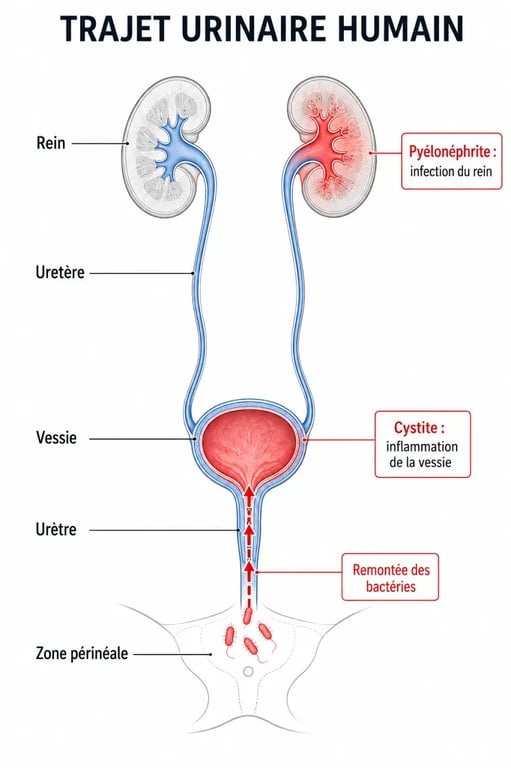 Infections urinaire : schéma anatomique de la vessie, des reins et de la remontée bactérienne