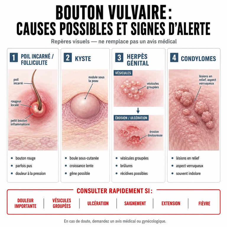 Bouton levres vulve : visuel comparatif des causes possibles et des signes d’alerte